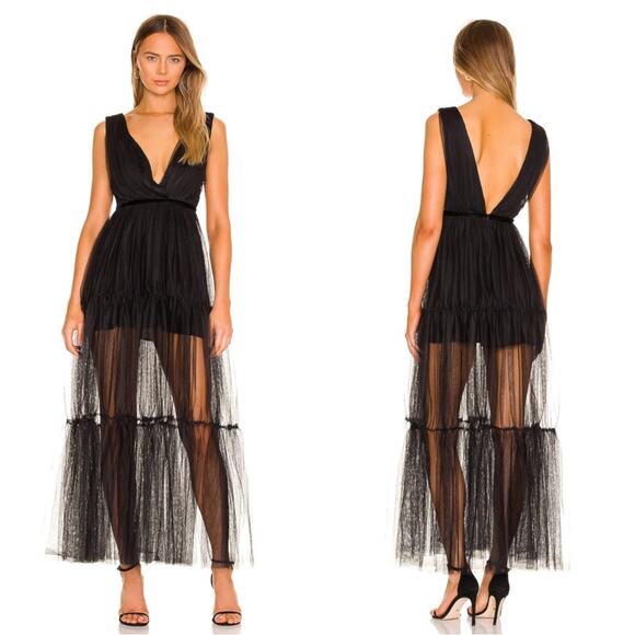 SAU LEE Chloe Sheer Tiered Tulle Black Maxi Dress Size 4 - Picture 1 of 8